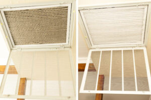 Before and after photos showing dirty air filter replaced by a clean one.